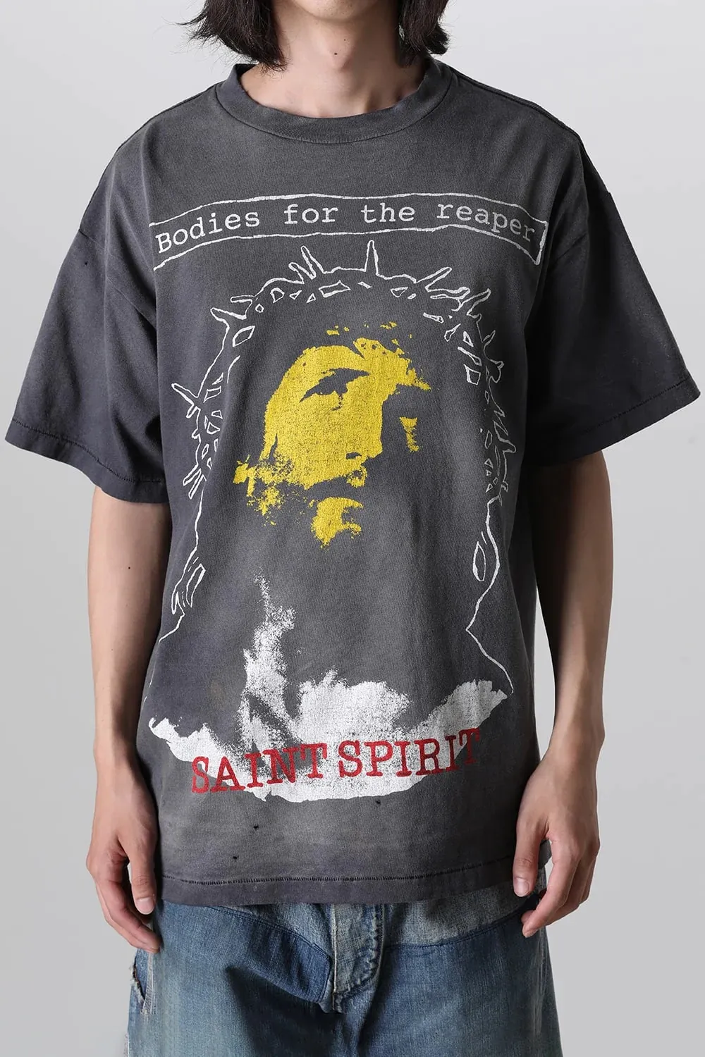SAINT MICHAEL SS TEE/B FOR REAPER Jesus Hell's Angels Washed and Distressed Short Sleeves Washed Black S-XL Garment Dyed Printed Washed and Distressed